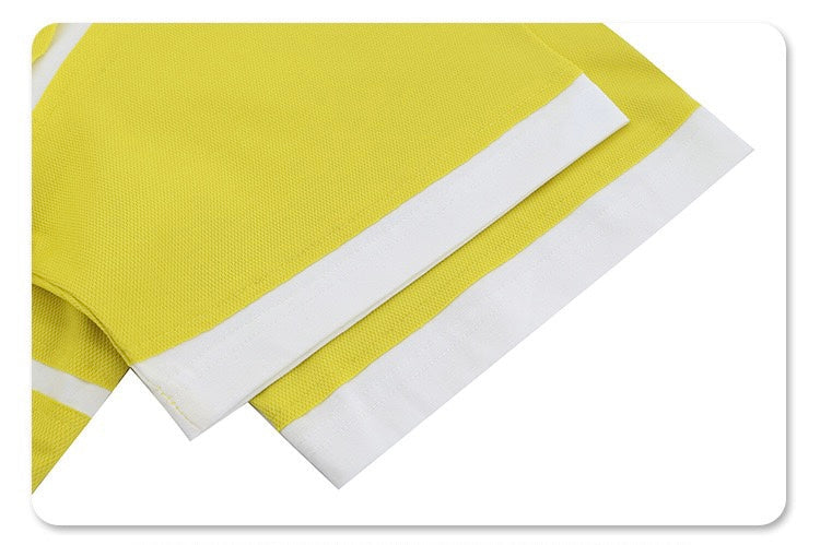 Yellow oversized mesh panel T-shirt sleeve with white sporty stripe trim and retro athletic styling