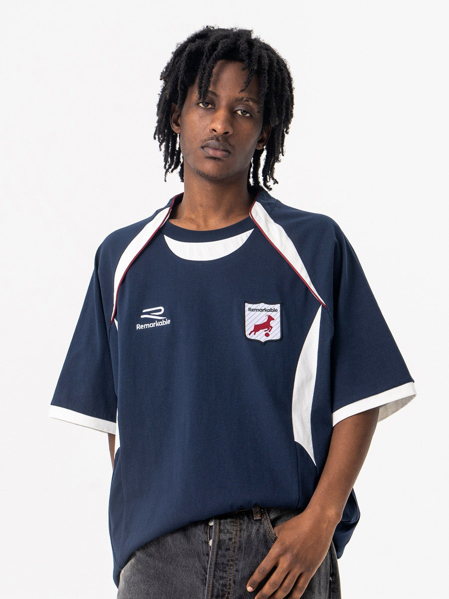 Retro Varsity Crest Football Tee | Oversized Navy Jersey