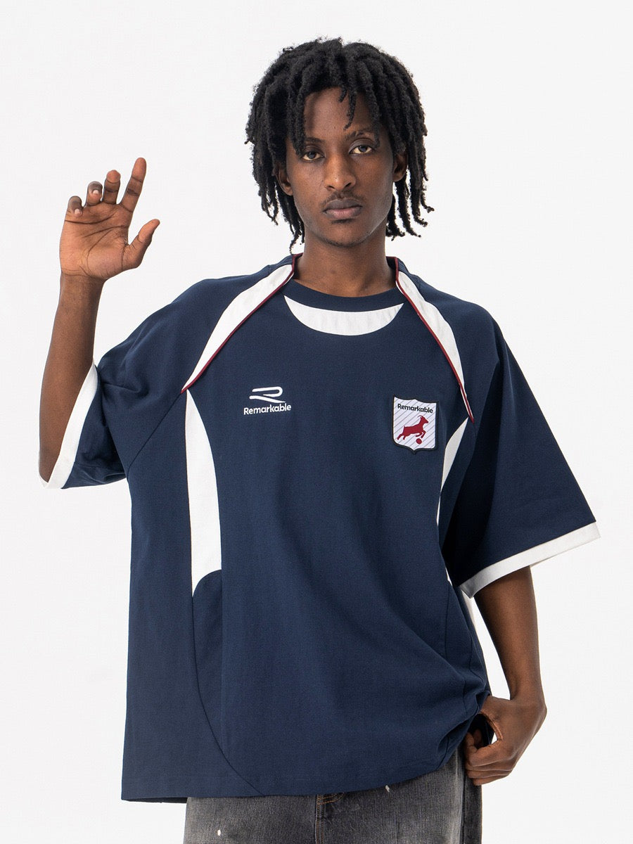 Retro Varsity Crest Football Tee | Oversized Navy Jersey