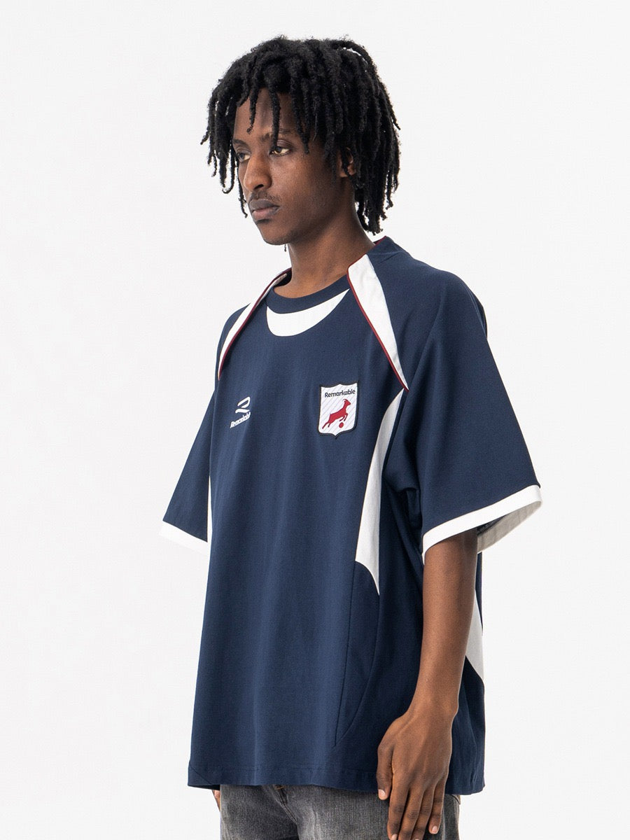 Retro Varsity Crest Football Tee | Oversized Navy Jersey
