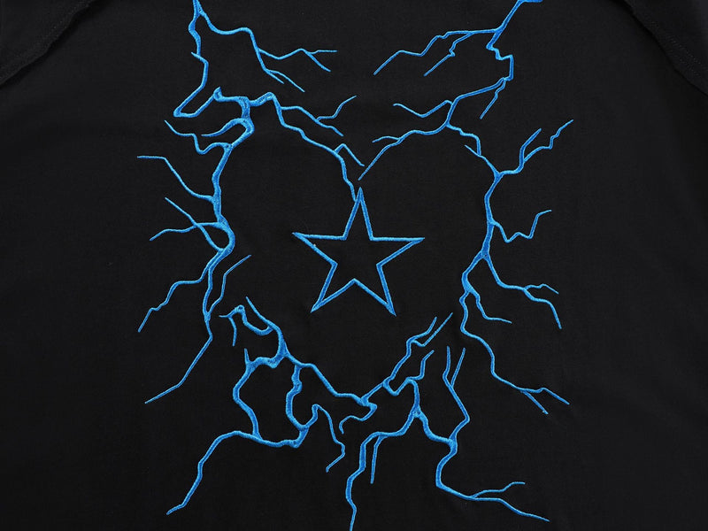 Black oversized graphic tee featuring a bold blue lightning star design on the chest
