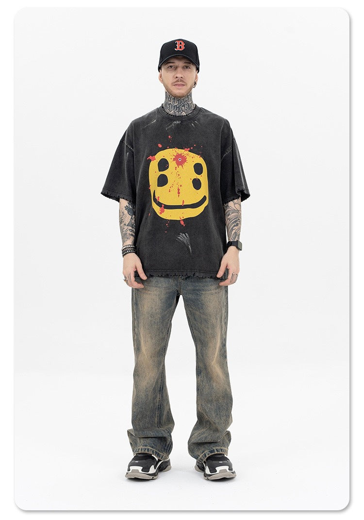 Distressed Smiley Face Graphic Tee | Washed Black Oversized
