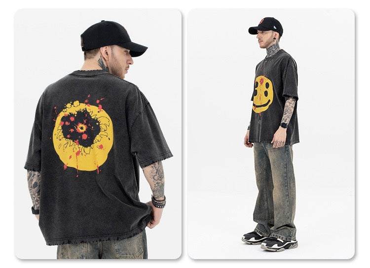 Distressed Smiley Face Graphic Tee | Washed Black Oversized