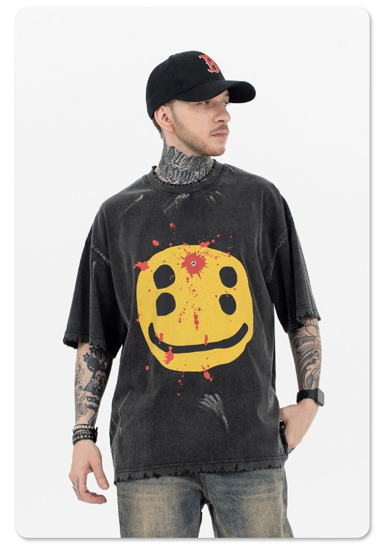 Distressed Smiley Face Graphic Tee | Washed Black Oversized