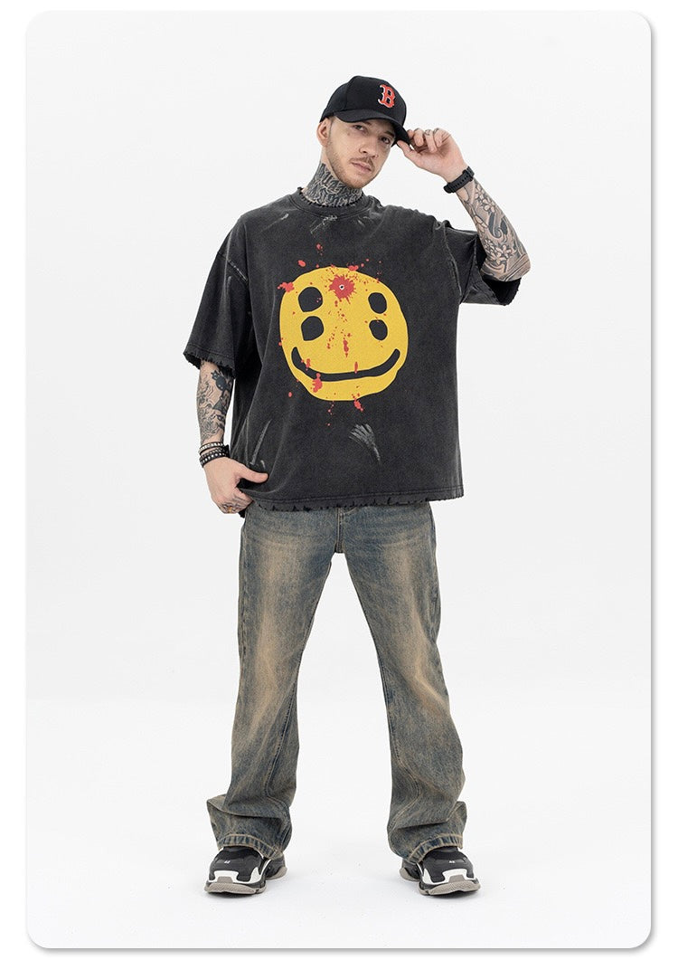 Distressed Smiley Face Graphic Tee | Washed Black Oversized