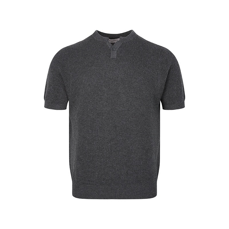 Men's charcoal grey textured knit short sleeve polo tee with single button placket and ribbed cuffs
