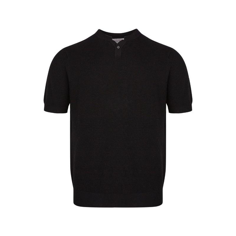 Black textured knit short sleeve polo tee with banded hem and buttoned collar front view