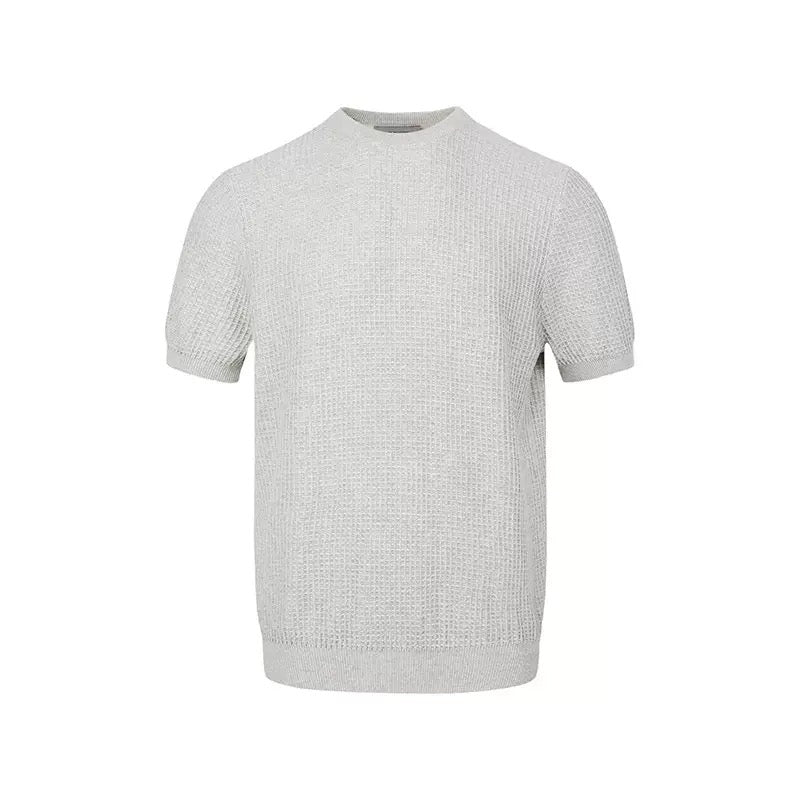 Light gray waffle knit short-sleeve sweater with a relaxed fit and crew neckline on a white background