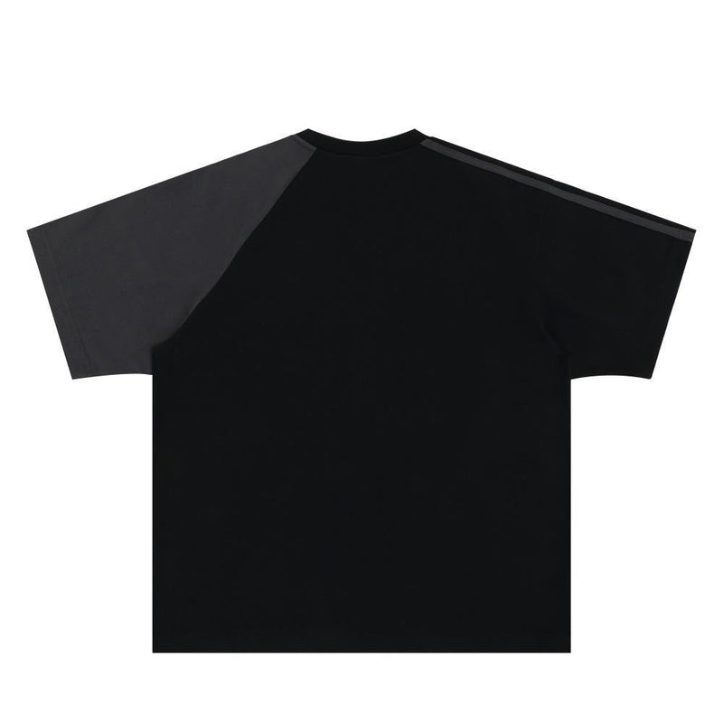 Black varsity tee with contrast charcoal panel sleeves and subtle collegiate-inspired shoulder stripe detail