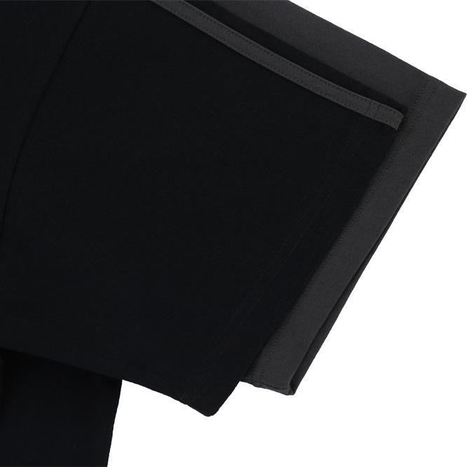 Black varsity tee with contrast panel detailing and topstitched seams on a collegiate-style T-shirt sleeve