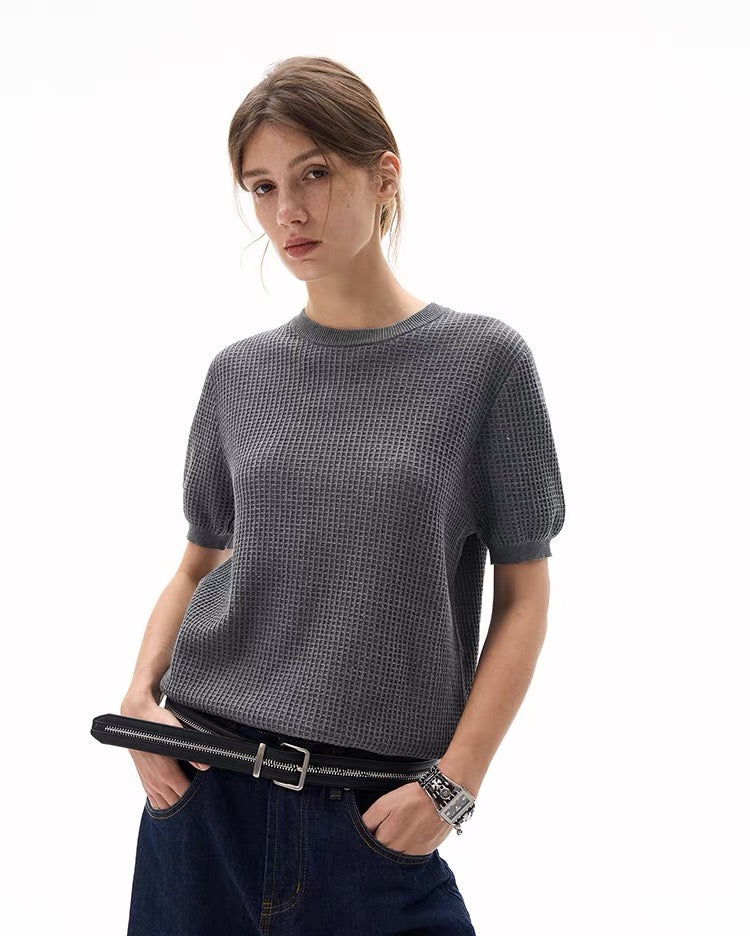 Waffle Knit Short-Sleeve Sweater | Relaxed Fit Cotton Blend