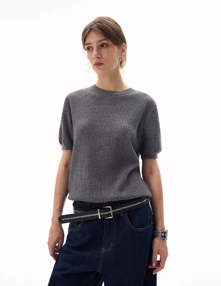 Waffle Knit Short-Sleeve Sweater | Relaxed Fit Cotton Blend