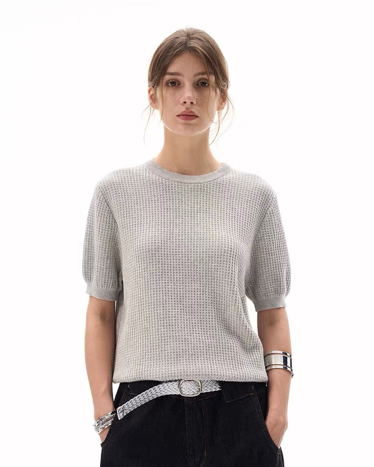 Waffle Knit Short-Sleeve Sweater | Relaxed Fit Cotton Blend