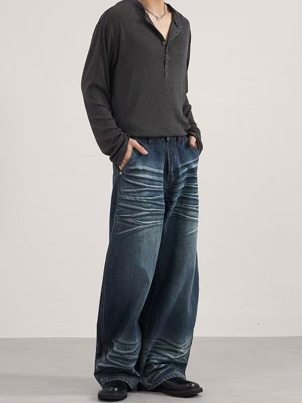 Stacked Whisker Wide-Leg Baggy Jeans | Vintage Y2K Denim