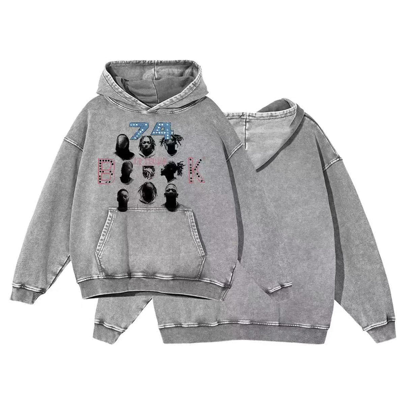 Gray washed oversized hoodie with front graphic print and kangaroo pocket, front and back views