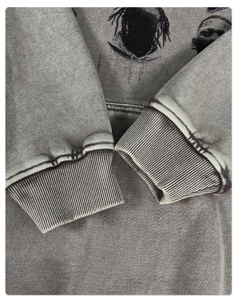 Close-up of hoodie ribbed cuffs and sleeve hem on gray washed fabric