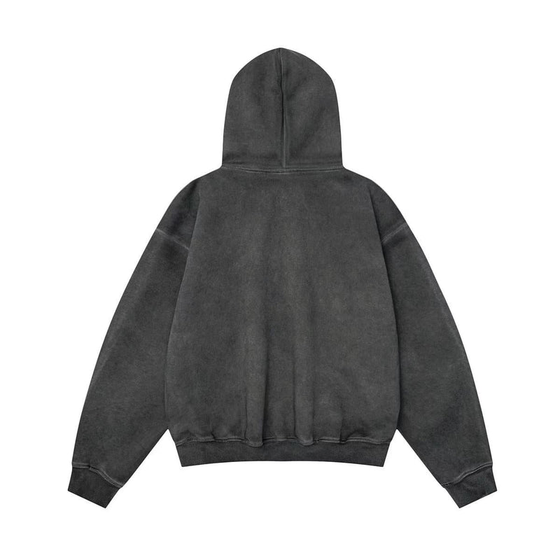 Back view of a black vintage washed pullover hoodie with faded washed finish