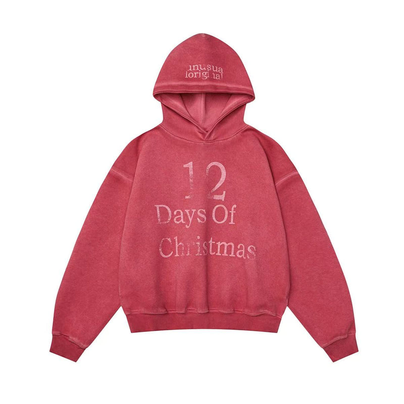 Red vintage washed pullover hoodie with front 12 Days Of Christmas print and hood lettering