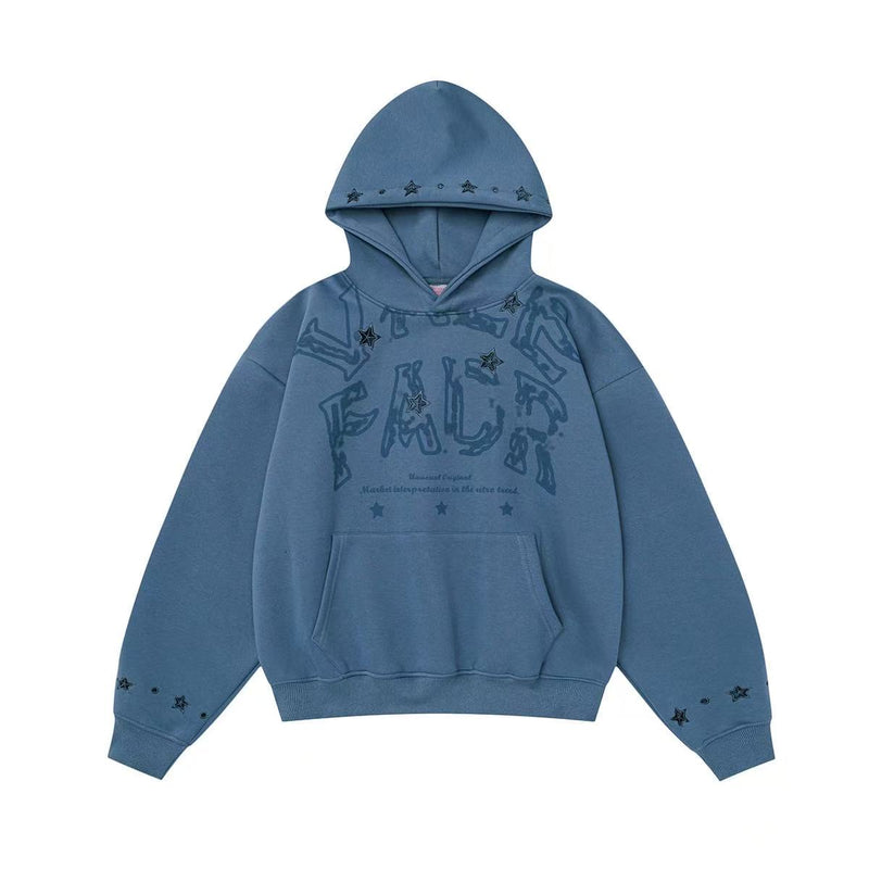 Blue oversized hoodie with distressed star graphic and studded hood, front view