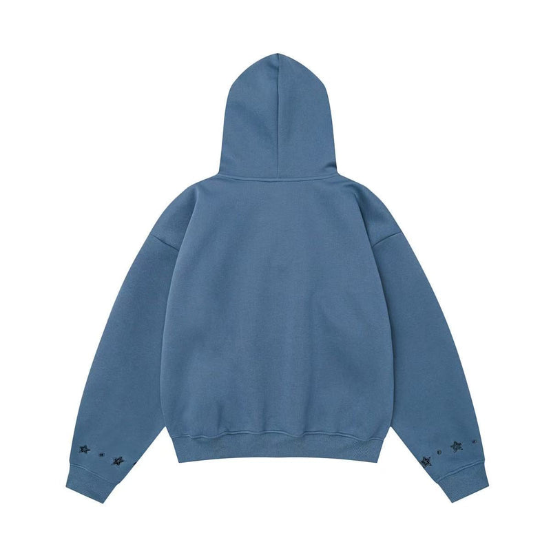 Blue oversized hoodie back view with plain panel and star details on sleeve cuffs