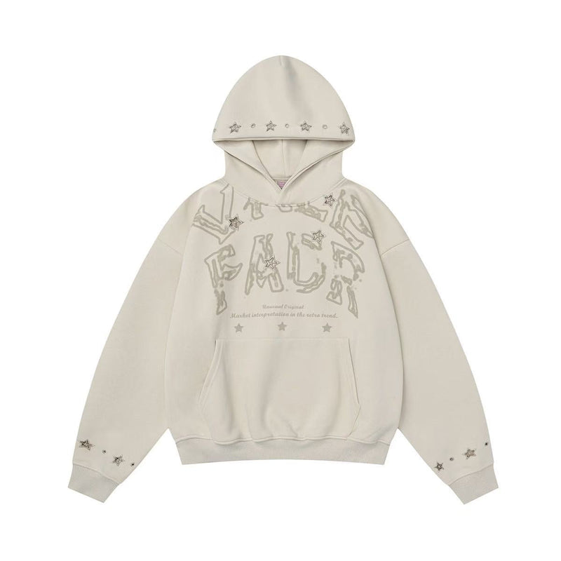 Cream oversized hoodie with distressed star graphic and studded hood, front view