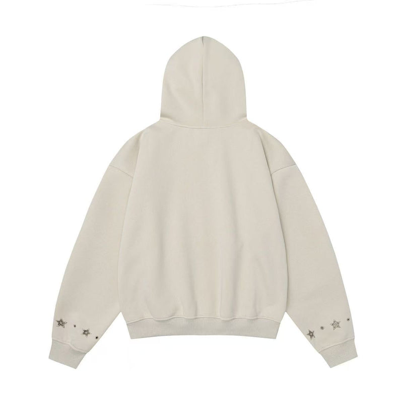 Cream oversized hoodie back view with plain panel and star-studded sleeve cuffs