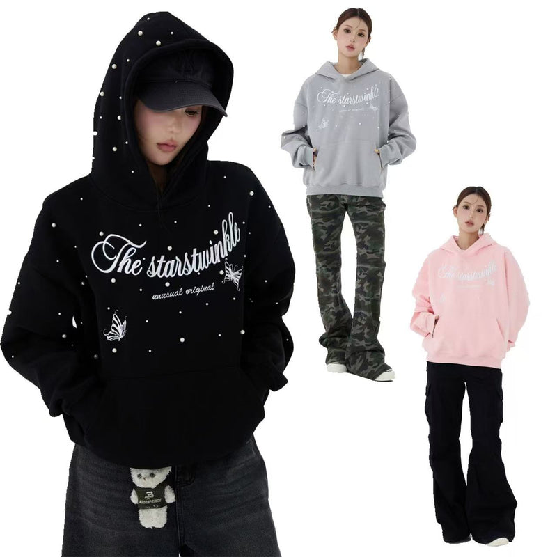 Model collage showing black, gray, and pink pearl embellished script hoodies