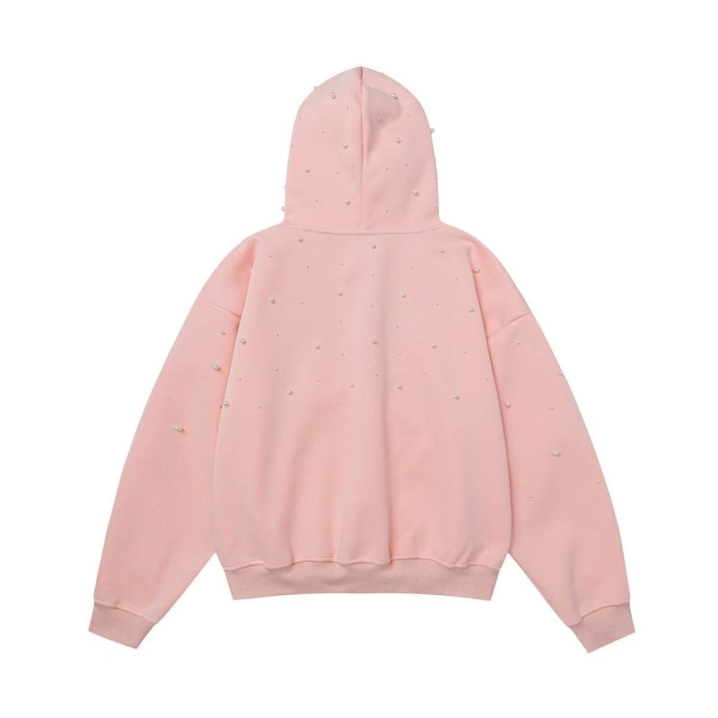 Pink pearl embellished pullover hoodie shown from the back