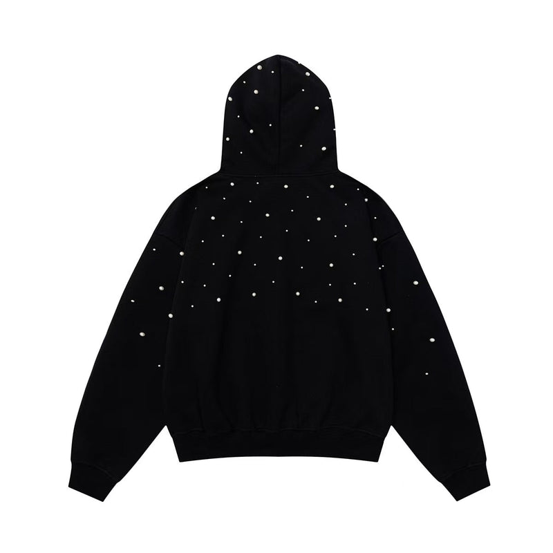 Black pearl embellished pullover hoodie shown from the back