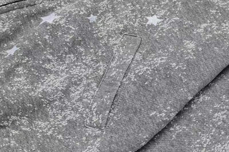 Close-up of gray starburst hoodie front pocket with textured print