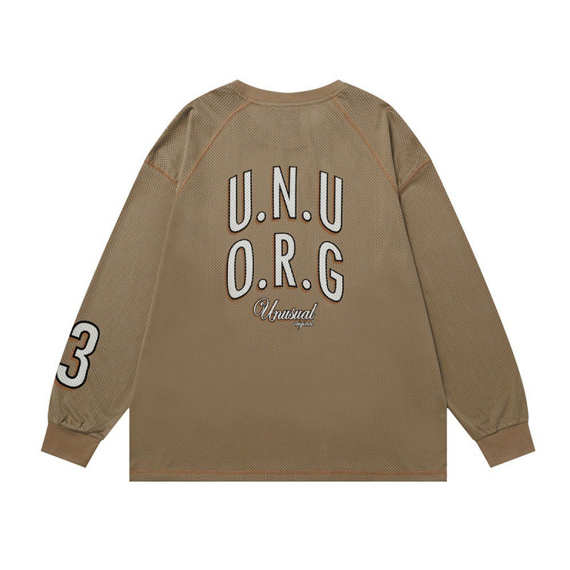 Tan long-sleeve mesh jersey back view with U.N.U O.R.G graphic and number 3 on sleeve
