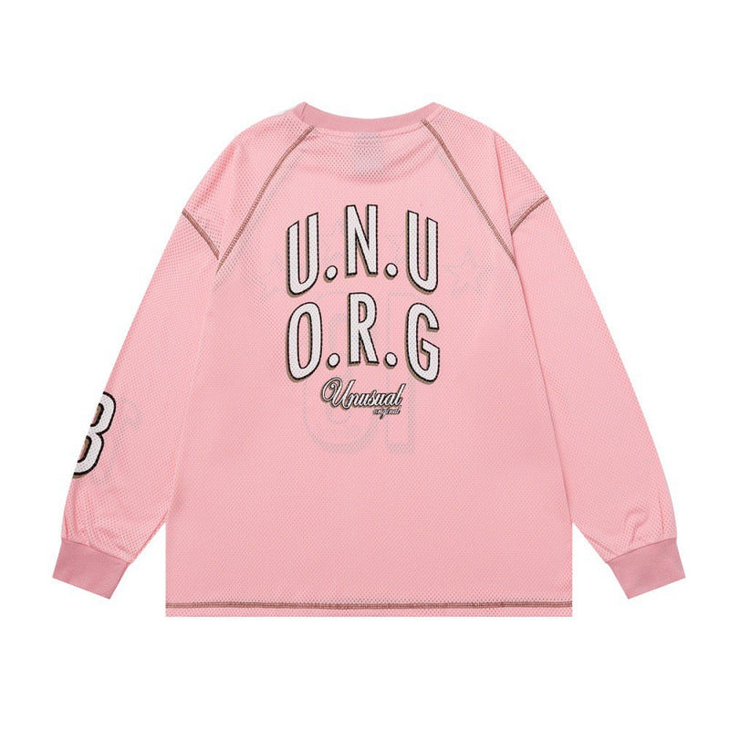 Pink long-sleeve mesh jersey back view with U.N.U O.R.G graphic and number 3 on sleeve