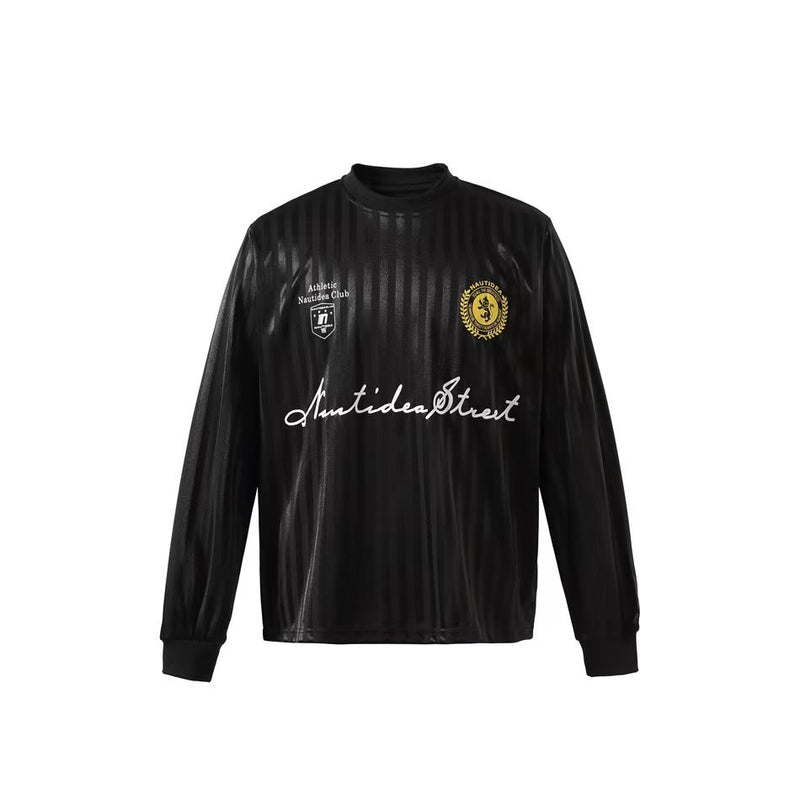Black long-sleeve mesh football jersey with front crest and script logo