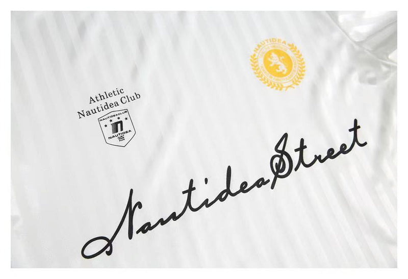 White jersey front graphic with script logo and small chest crest