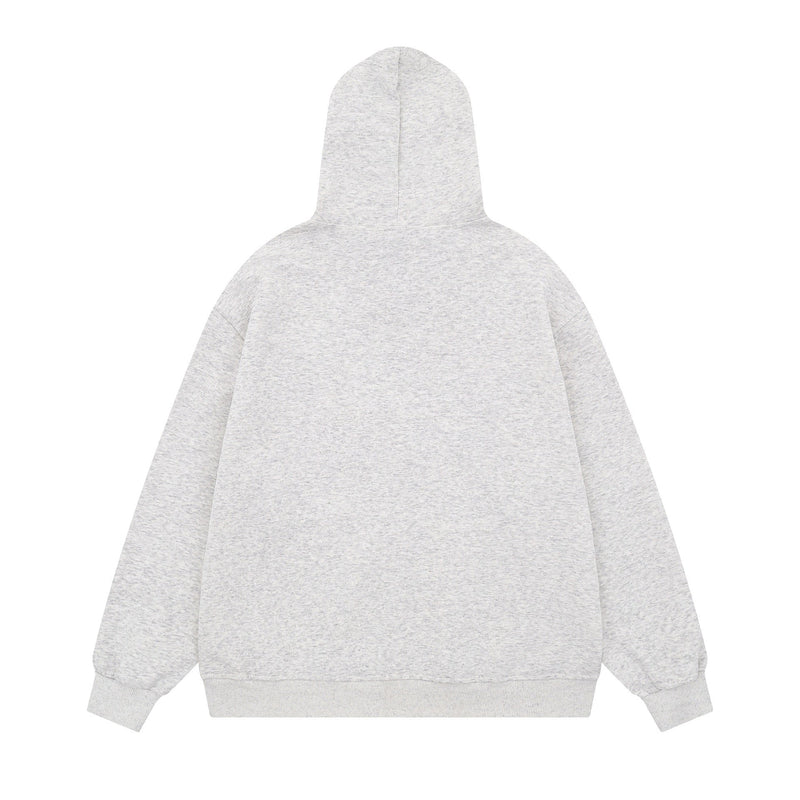 Back view of light gray fleece hoodie with plain hood and long sleeves