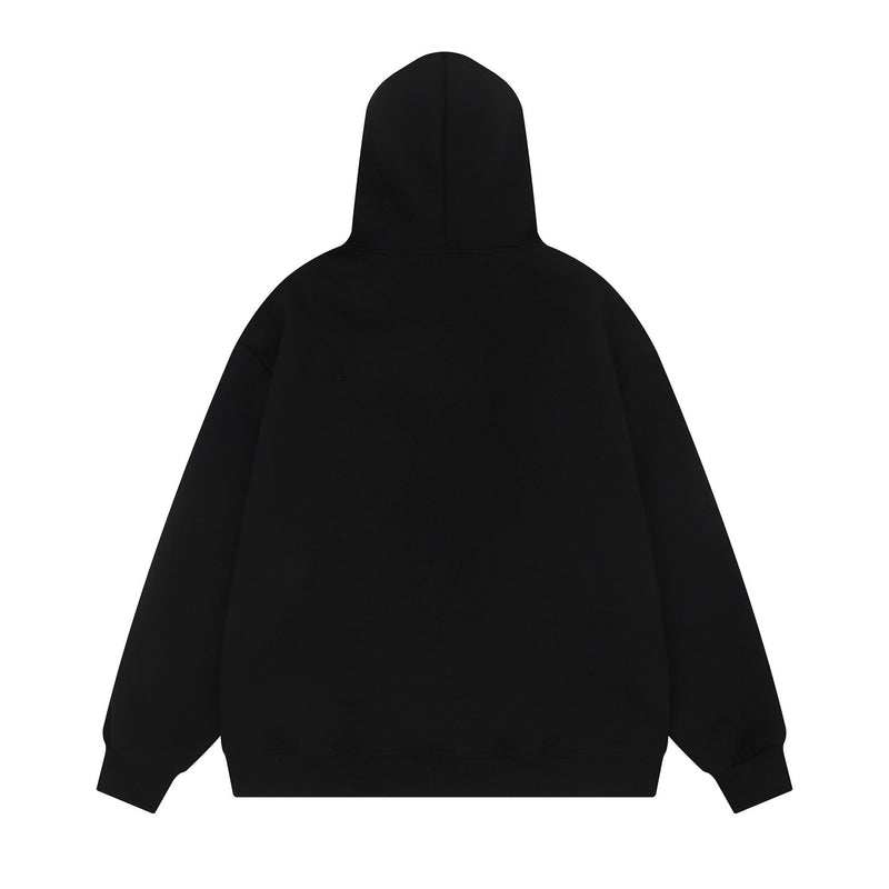 Back view of black fleece hoodie with plain hood and long sleeves