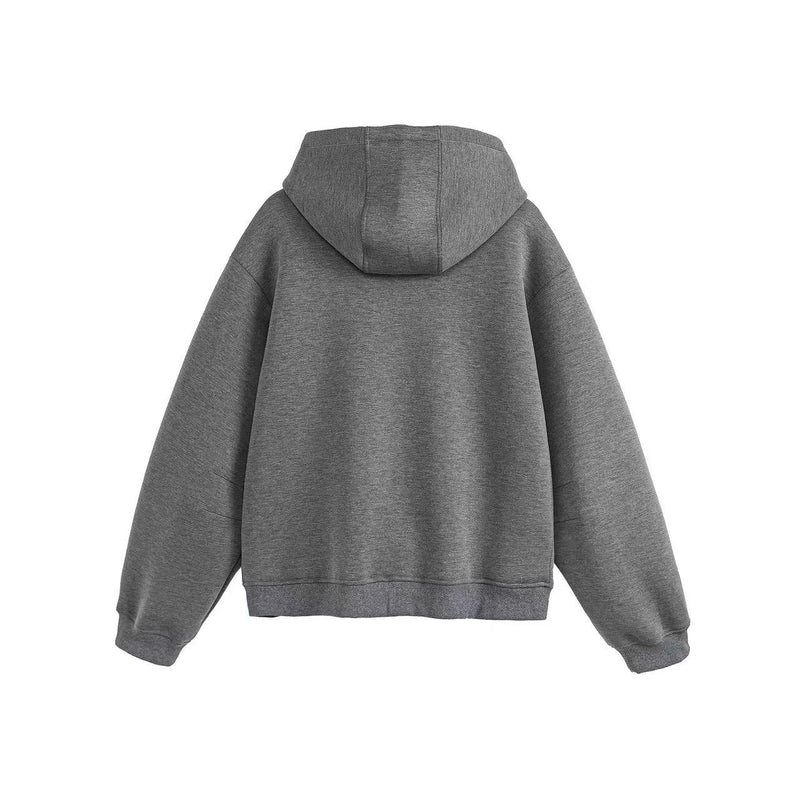 Back view of gray oversized hoodie with hood and ribbed hem