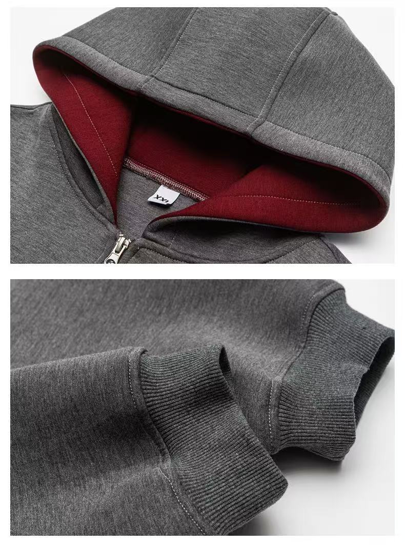 Close-up of gray hoodie hood lining and ribbed sleeve cuffs