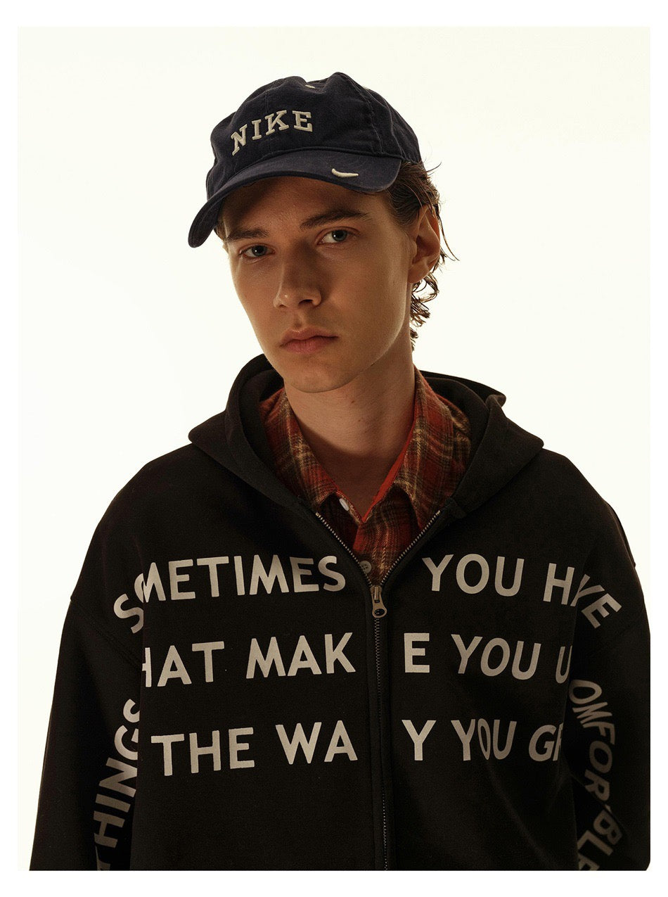 Omirad Slogan Print Zip-Up Hoodie | Oversized Black Hoodie