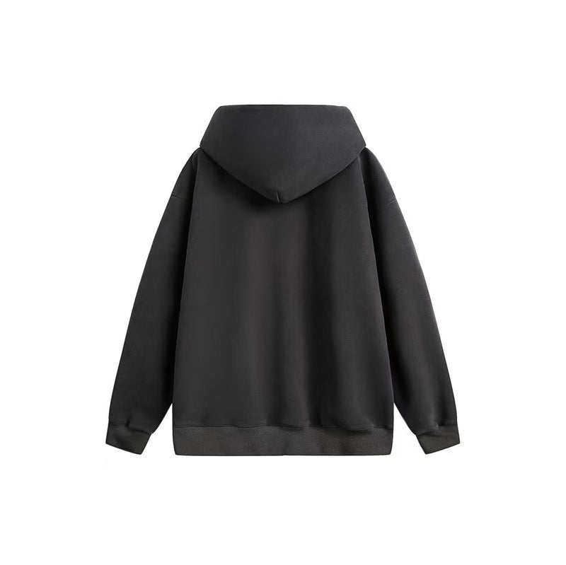 Black oversized hoodie shown from the back with a washed finish and attached hood