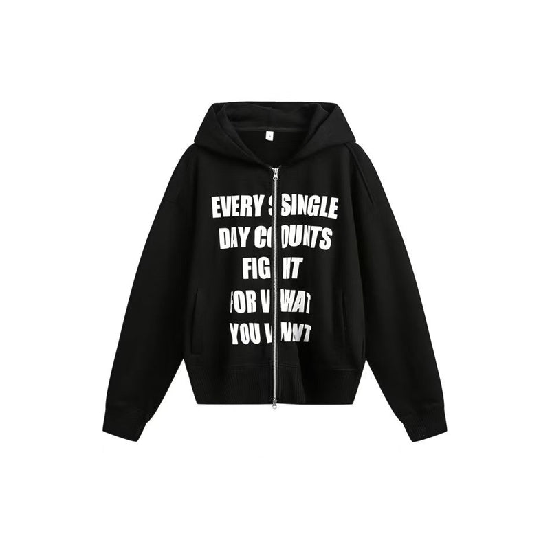 Black zip-up hoodie with white slogan print, front view