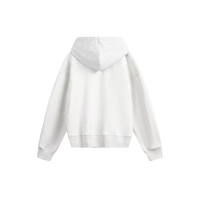 White zip-up hoodie shown from the back, hooded design