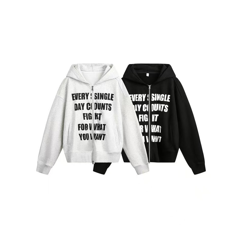 Light grey zip-up hoodie with bold Every Single Day Counts Fight For What You Want slogan print on chest