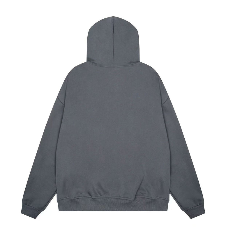 Gray oversized hoodie, back view with plain hood and ribbed hem