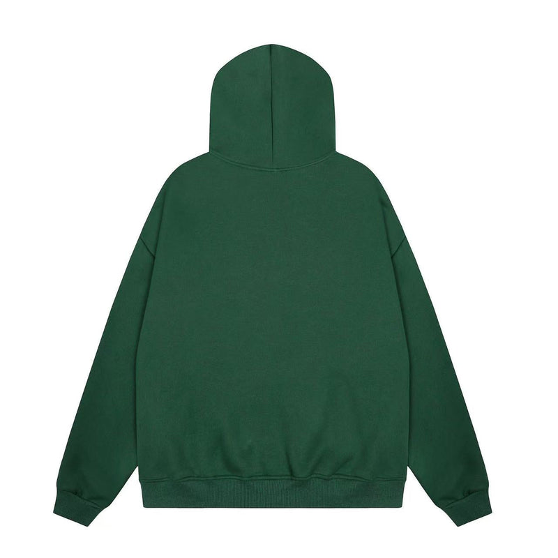 Dark green oversized hoodie, back view with plain hood and ribbed hem