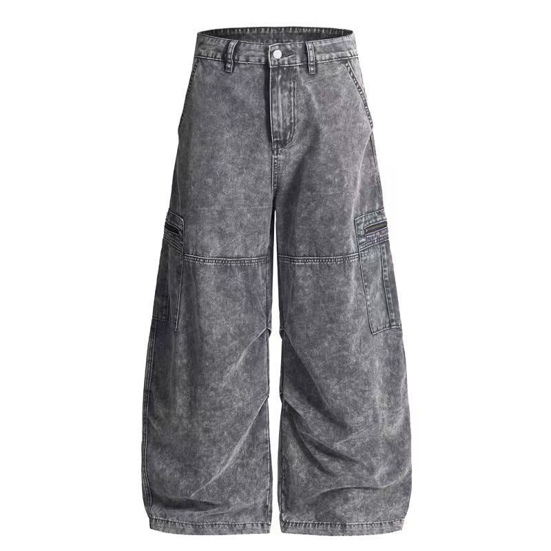 Omirad vintage wash wide-leg cargo pants in washed grey, front view on white background
