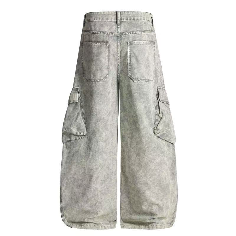 Light gray wide-leg cargo jeans, back view with square patch pockets and side cargo pockets