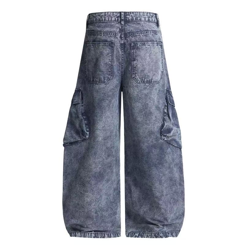 Dark washed wide-leg cargo jeans, back view with square patch pockets and side cargo pockets
