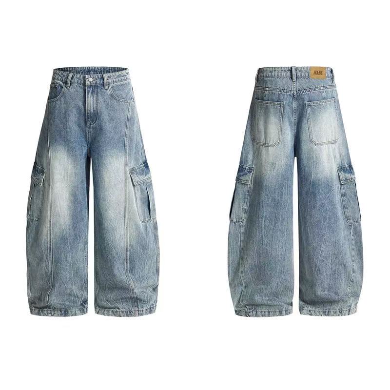 Vintage wide-leg cargo jeans in light blue wash, front and back views