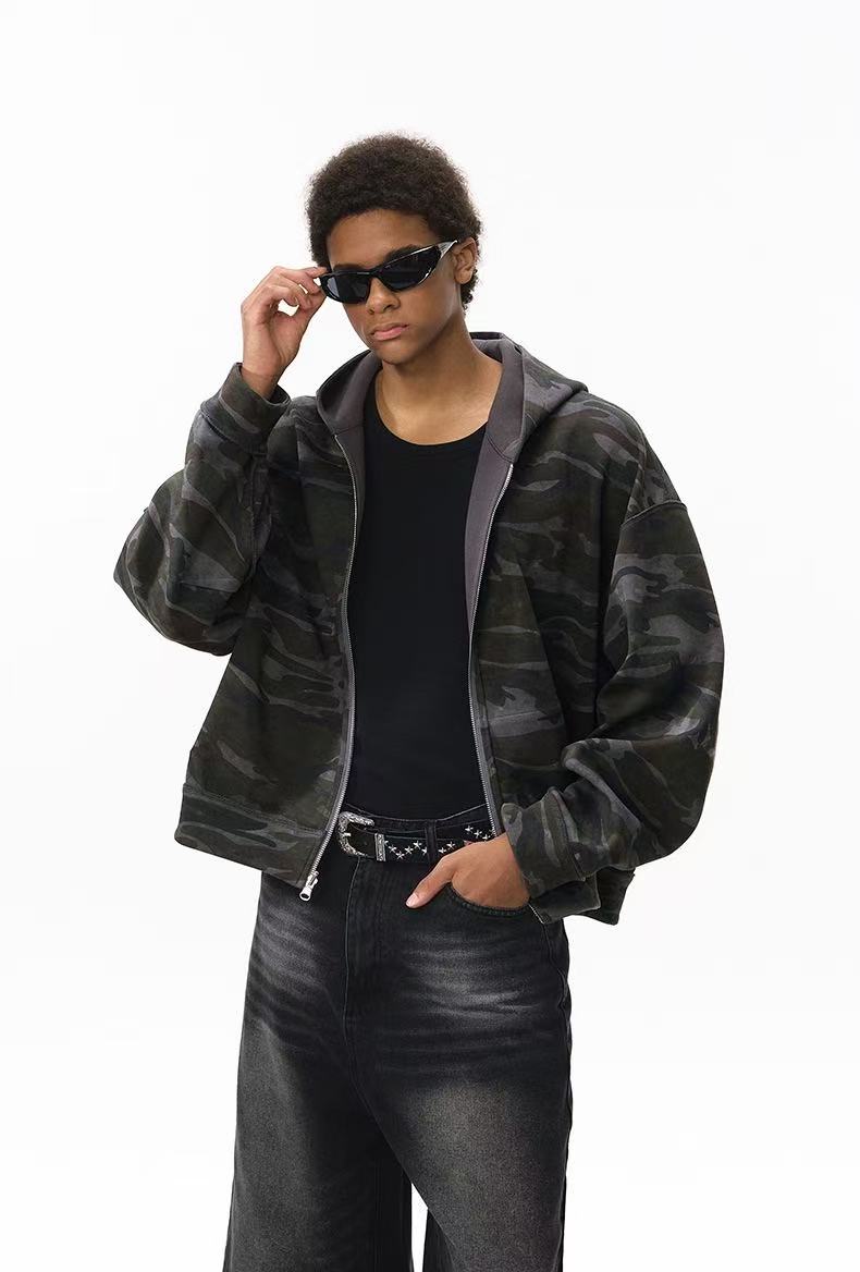 Reversible Camo Zip-Up Hoodie | Streetwear Boxy Fit